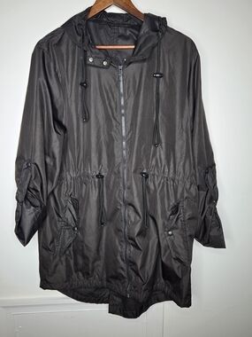Solid Black Lightweight Hooded Rain Anorak Utility Jacket Zip Close-Size L